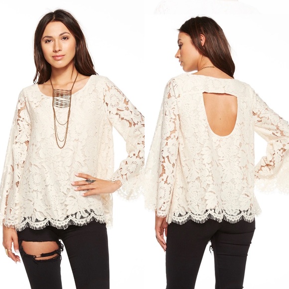 Chaser Tops - CHASER Vintage Metallic Lace Open Back Boho Bell Sleeve Top Small